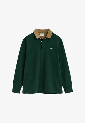 Grünes langärmliges Poloshirt aus Baumwolle mit einem kordelartigen hellbraunen Kragen, einer Knopfleiste mit drei Knöpfen und einem kleinen Logo auf der Brust.