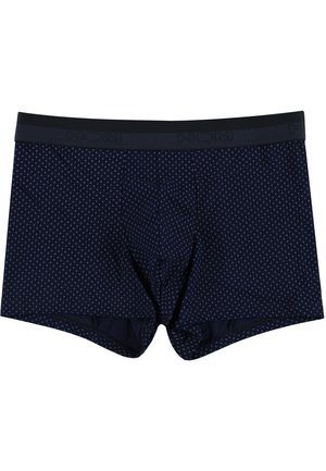 Marineblaue Boxershorts mit Pünktchenmuster, aus weichem Stoff gefertigt. Enthält einen dunklen Taillenbund mit geprägtem "HOM"-Logo.