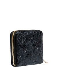 Portafoglio in pelle nera con modelli a logo stampati, chiusura zip-around, superficie texturizzata e zip in metallo dorato. Forma compatta quadrata.