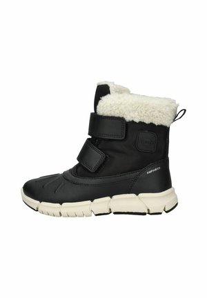 Botín negro impermeable hasta el tobillo con forro de piel sintética blanca, dos correas de Velcro negras y suela de goma texturizada. Cuenta con un diseño de puntera moldeada.