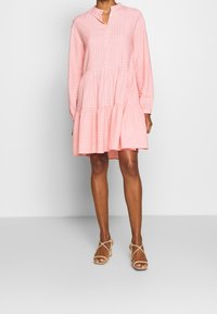 Abito rosa chiaro con strisce verticali, apertura con bottoni e gonna a balze. Presenta maniche lunghe e colletto alla cinese.