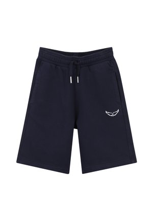 Pantaloncini blu navy fino al ginocchio con vita elasticizzata, coulisse, tasche laterali e piccolo logo bianco alato sulla gamba destra.