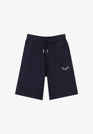 Short bleu marine longueur genou avec taille élastique, cordon de serrage, poches latérales et petit logo blanc ailé sur la jambe droite.