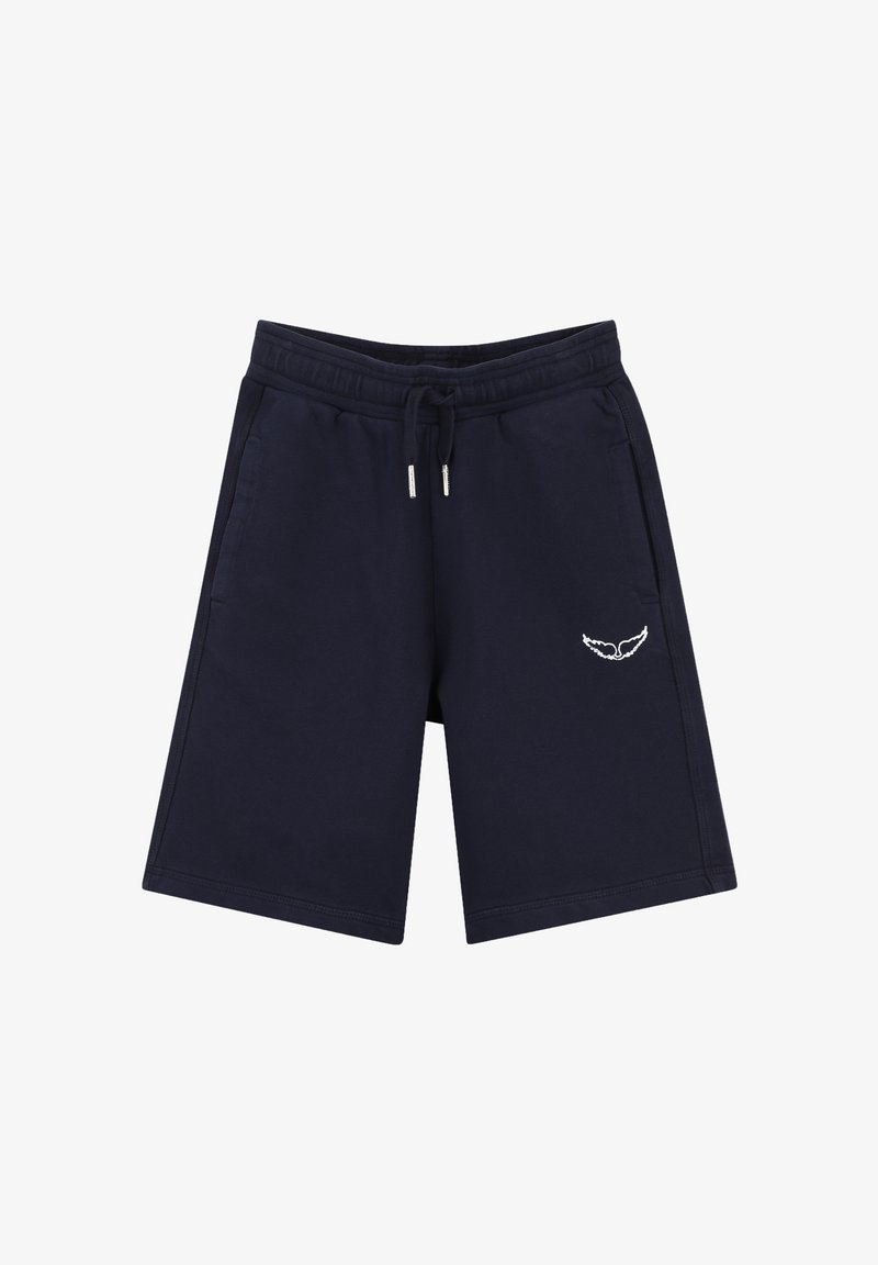 Short bleu marine longueur genou avec taille élastique, cordon de serrage, poches latérales et petit logo blanc ailé sur la jambe droite.