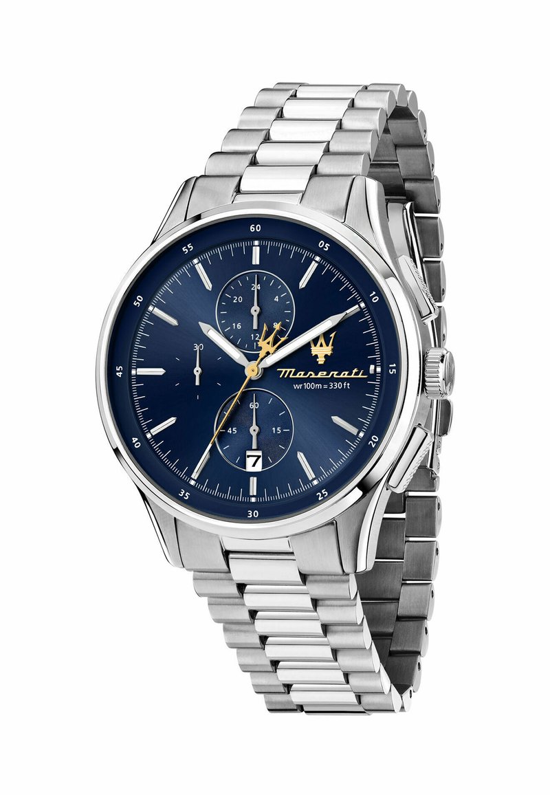 Orologio da polso in acciaio inox argentato con quadrante blu, funzione cronografo, dettagli dorati e display della data nella posizione delle 6.