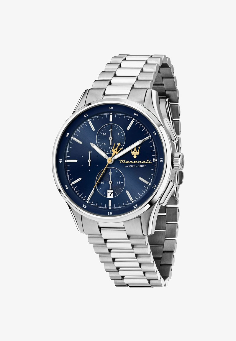 Orologio da polso in acciaio inox argentato con quadrante blu, funzione cronografo, dettagli dorati e display della data nella posizione delle 6.