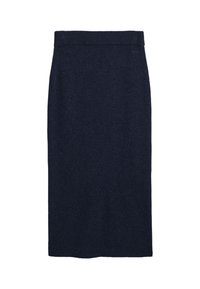 Jupe crayon en maille bleu marine foncé avec une ceinture élastique côtelée, longueur genou, sans motifs ni embellissements visibles.