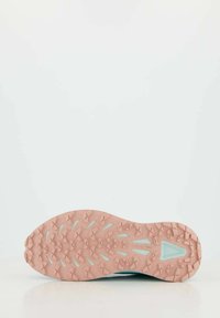 Helles blauer Sneaker-Sohle mit einem rosa Profilmuster. Verfügt über eine strukturierte Oberfläche und kantige Traktionsnoppen für besseren Halt.