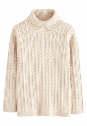 Pull en maille crème avec un col haut à côtes, présentant des motifs de torsades verticales et une coupe décontractée. Manches longues avec des poignets côtelés.