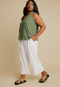 Olivgrön ärmlös topp med knappdetaljer, kombinerad med vita vida byxor och beige sandaler med krossade remmar och svart sula.