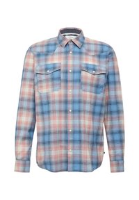 Karohemd in Blau, Weiß und Rot mit langen Ärmeln, klassischem Kragen und zwei Vorderaschen. Hergestellt aus einem leichten, strukturierten Stoff.