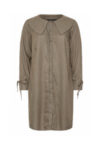 Brun och beige rutig skjortklänning med en stor krage, knappslå fram och rosett på ärmarna. Mjuk tyg med en lös passform.