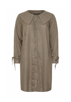 Braun- und beige-karierter Hemdkleid mit großem Kragen, durchgehender Knopfleiste und Bindeband an den Ärmeln. Weicher Stoff mit lockerer Passform.