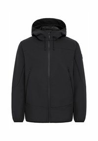 Zwarte hoodie jas met een ritssluiting aan de voorkant, elastische manchetten en zijzakken. Gemaakt van glad, waterdicht materiaal met een gestroomlijnd ontwerp.