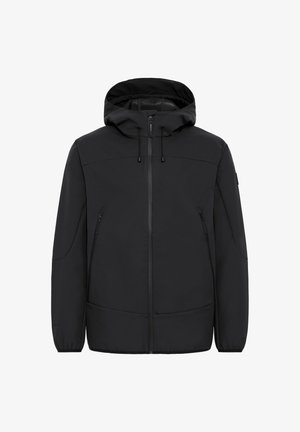 Veste à capuche noire avec une fermeture éclair à l'avant, des poignets élastiques et des poches latérales. Fabriquée en matériau lisse et imperméable avec un design épuré.