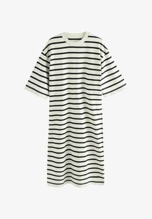 Rochie în dungi din bumbac, cu dungi orizontale negre pe un fundal crem, cu mâneci scurte relaxate și decolteu tip rotund.