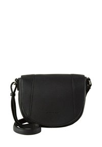 Borsa a tracolla in pelle nera con superficie testurizzata, patta curvata, tracolla regolabile e accenti hardware minimali. Design compatto e strutturato.