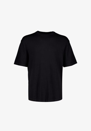 Schwarzes T-Shirt mit kurzen Ärmeln und Rundhalsausschnitt in lockerer Passform, vor weißem Hintergrund dargestellt.