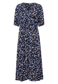 Květinové šaty s černým pozadím, zdobené modrými a broskvovými květy, s výstřihem do V, krátkými nařasenými rukávy a projmutým pasem.