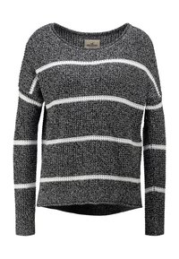 Strickpullover in Schwarz und Grau mit horizontalen weißen Streifen. Hat einen weiten Ausschnitt, lange Ärmel und eine lockere Passform. Strukturierter Stoff.