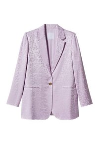 Svetle fialový blazer s jemným kruhovým vzorem, zapínání na jeden knoflík, klopové límce a dvě přední kapsy. Texturovaná tkanina.