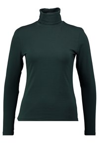 Dunkelgrünes Langarm-Turtleneck-Shirt mit taillierter Passform, präsentiert vor einem weißen Hintergrund.