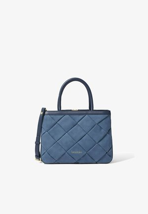 Borsa a tracolla in pelle trapuntata di colore blu navy, con due manici superiori e una tracolla removibile. Dettaglio di branding dorato sul davanti. Texture liscia.