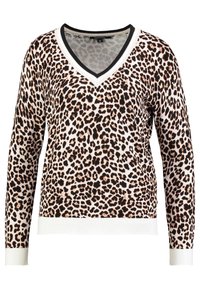 Pull imprimé léopard avec un col en V, manches longues, poignets et ourlet blancs côtelés. Confectionné dans un matériau doux et texturé avec un col noir contrastant.