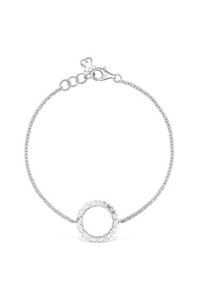 Delicato braccialetto a catena in argento con un centro a anello floreale circolare e chiusura a moschettone con anelli regolabili.