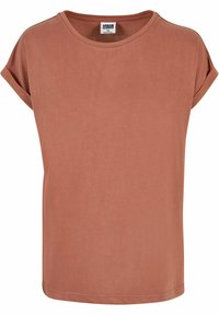 T-shirt à manches courtes couleur rouille avec ourlets roulés, col rond et étiquette Urban Classics XS à l'intérieur du col.