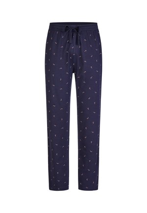 Navy pajama pants made of soft fabric, featuring a drawstring waist and a subtle pattern of pink motifs throughout.