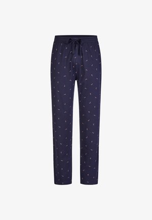 Navy pajama pants made of soft fabric, featuring a drawstring waist and a subtle pattern of pink motifs throughout.