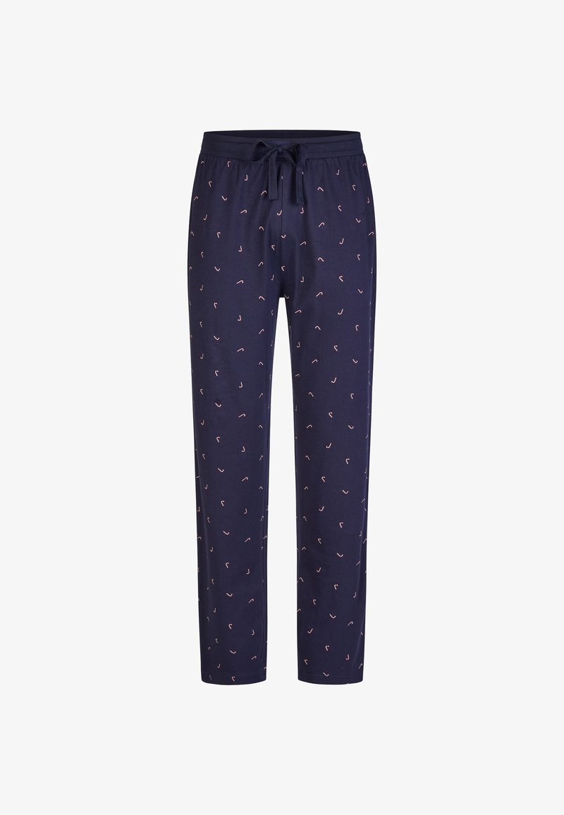 Navy pajama pants made of soft fabric, featuring a drawstring waist and a subtle pattern of pink motifs throughout.