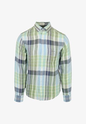 Hemd mit Knopfleiste aus leichtem Stoff, mit mehrfarbigem kariertem Muster in Grün-, Blau- und Marineblau-Streifen. Weiche Textur, lange Ärmel.