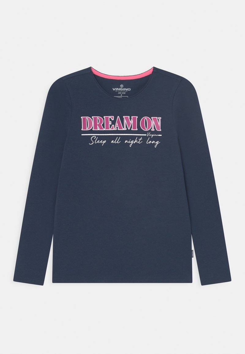 Camisola de manga longa azul marinho feita de algodão suave, com o texto branco e rosa "DREAM ON" e "Sleep all night long" estampado na parte da frente.