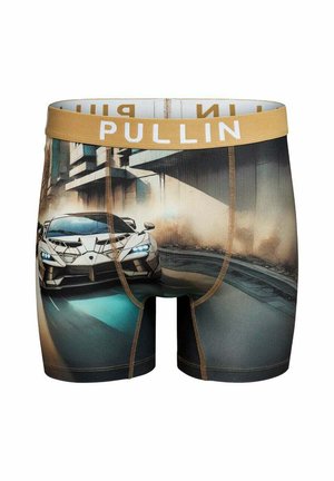 Boxers pour hommes avec une ceinture dorée et une voiture de sport blanche roulant vite dans une rue de la ville imprimés sur le tissu.