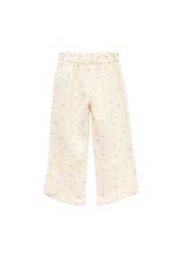 Pantalones de algodón para niños pequeños, de color beige claro con pequeños patrones florales azules, cinturilla elástica, aberturas de pierna anchas, textura suave, estilo casual.