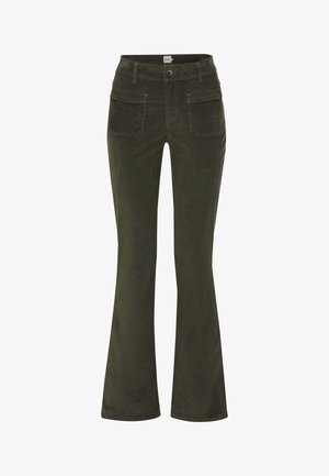 Pantaloni in velluto a coste svasati color verde oliva, con vita alta, due tasche anteriori e una texture liscia. Design classico con hardware minimale.