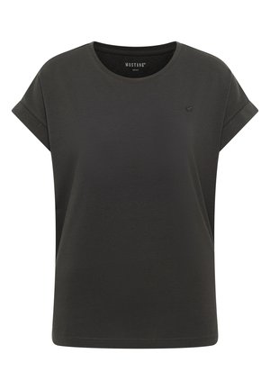 Camiseta de manga corta en gris oscuro liso, con puños doblados, cuello redondo y pequeño logo de Mustang en el lado izquierdo del pecho.