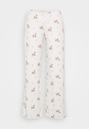 Pantaloni da pigiama bianchi realizzati in un tessuto morbido, decorati con motivi di cervi marroni e fiori, con una vestibilità comoda e una chiusura a bottone in vita.