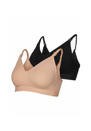 To trådløse bh'er med justerbare stropper, en beige og en sort, der overlapper hinanden på en hvid baggrund.