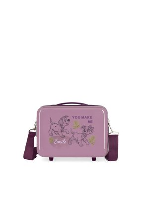 Maleta infantil morada con dos cachorros de dibujos animados, hojas verdes y el texto "Tú me haces sonreír", con una correa de hombro desmontable.