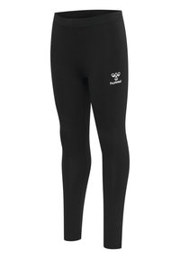 Leggings noirs en tissu extensible, avec une coupe moulante, une taille élastique, et un logo blanc Hummel sur la cuisse gauche.