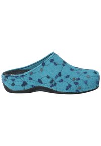 Filzclogs in Türkis mit einem floralen Muster in Blau und Grau, mit offenem Rücken und einer schwarzen Gummisohle für guten Halt.