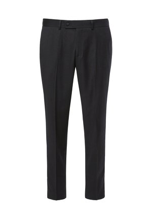 Pantalones negros a medida en una tela suave. Incorpora un cierre de cremallera, botón de cierre, diseño de pierna recta y sutiles pinzas en la parte frontal.