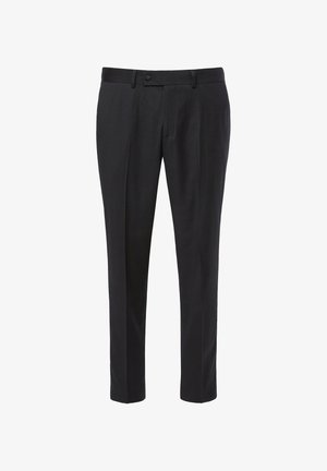 Tailored black trousers in a smooth fabric. Features a zip fly, button closure, straight leg design, and subtle front pleats.