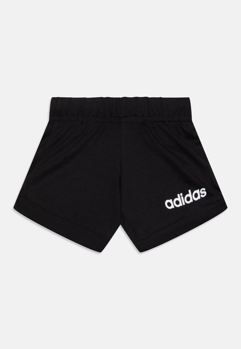 Shorts de sport noirs en tissu doux, avec une taille élastique et un logo Adidas blanc sur le bas à gauche à l'avant.