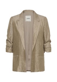 Blouson beige texturé avec des manches froncées, ouverture à l'avant et deux poches avant. L'étiquette à l'intérieur indique "soaked."