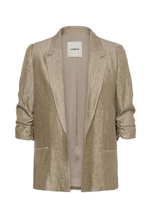 Beige, textured blazer with ruched sleeves, open front, and two front pockets. Label inside reads "soaked."