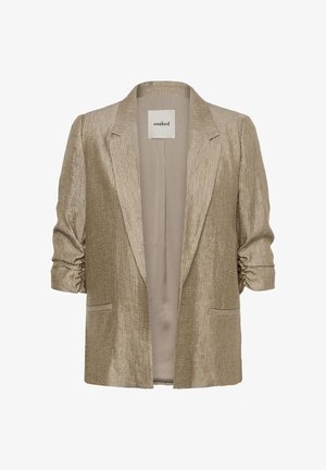 Beige, texturerad kavaj med rynkade ärmar, öppen framsida och två framfickor. Etiketten inuti säger "soaked."